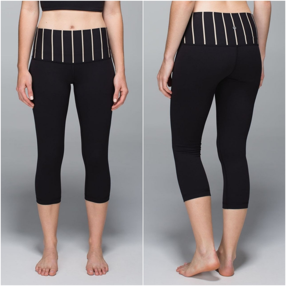 Lululemon Wunder Under Crop Leggings Full On Luon Roll Down Waist Black Stripe